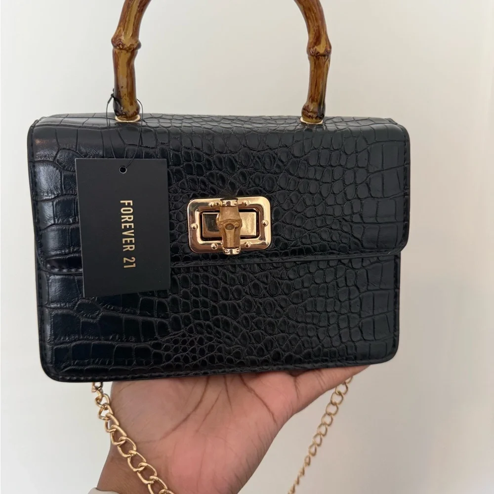Forever 21 Black Croc-Embossed Crossbody with Bamboo Handle and Gold Hardware